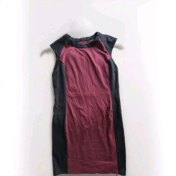 NWT VICTOR ALFARO L Maroon Red & Black Colorblock Fitted Knee Length Dress - Picture 1 of 10